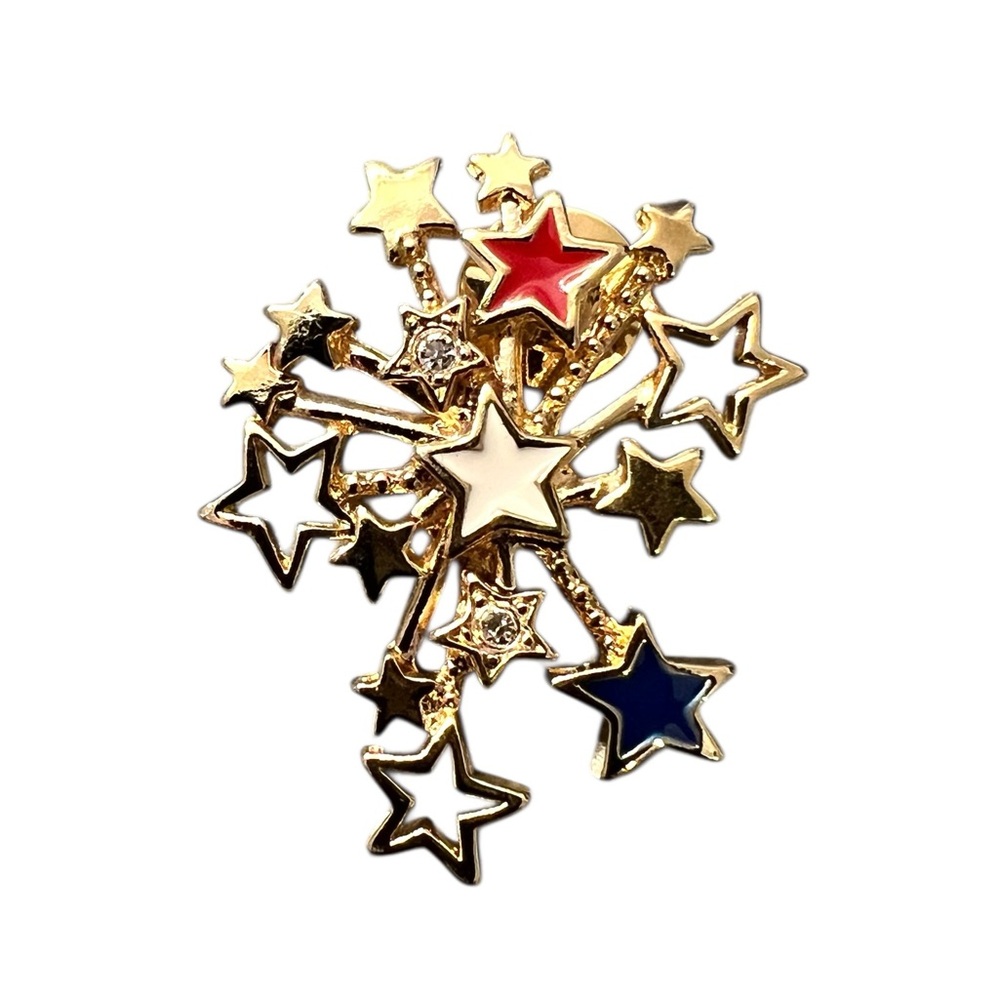 Avon Starburst Brooch with Red, White, & Blue Enamel & Clear Rhinestone Accents